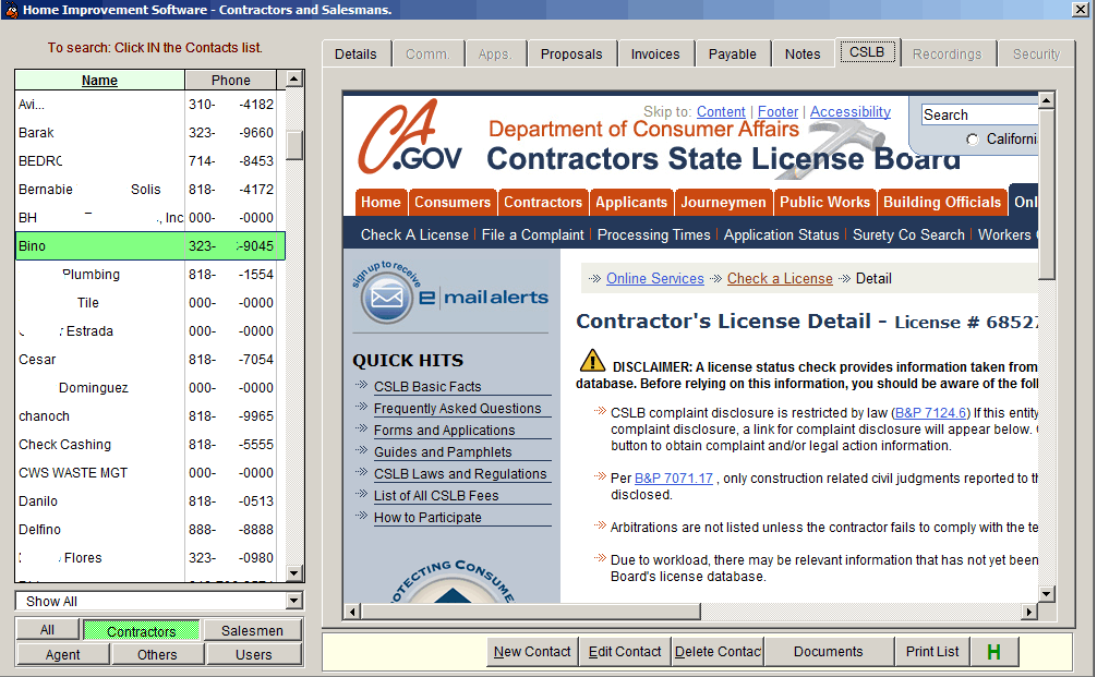 Home Improvement Software Contact Manager Contractor License Status