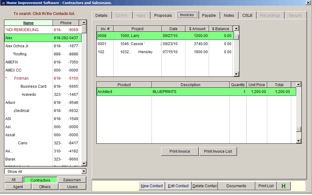 Home Improvement Software Contact Manager Invoices