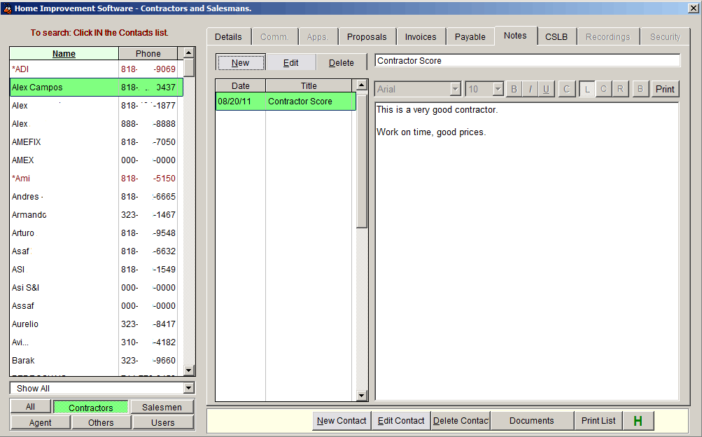 Home Improvement Software Contact Manager Notes