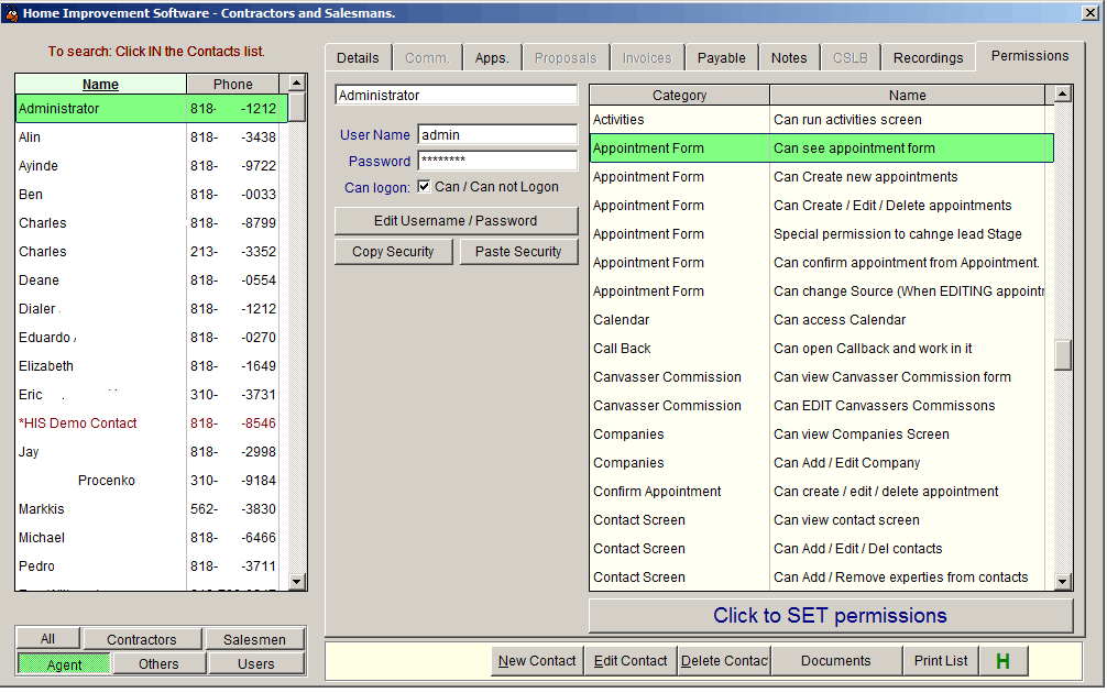 Home Improvement Software Contact Manager Permissions