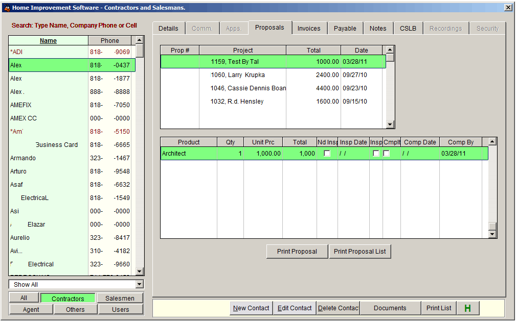 Home Improvement Software Contact Manager Proposals