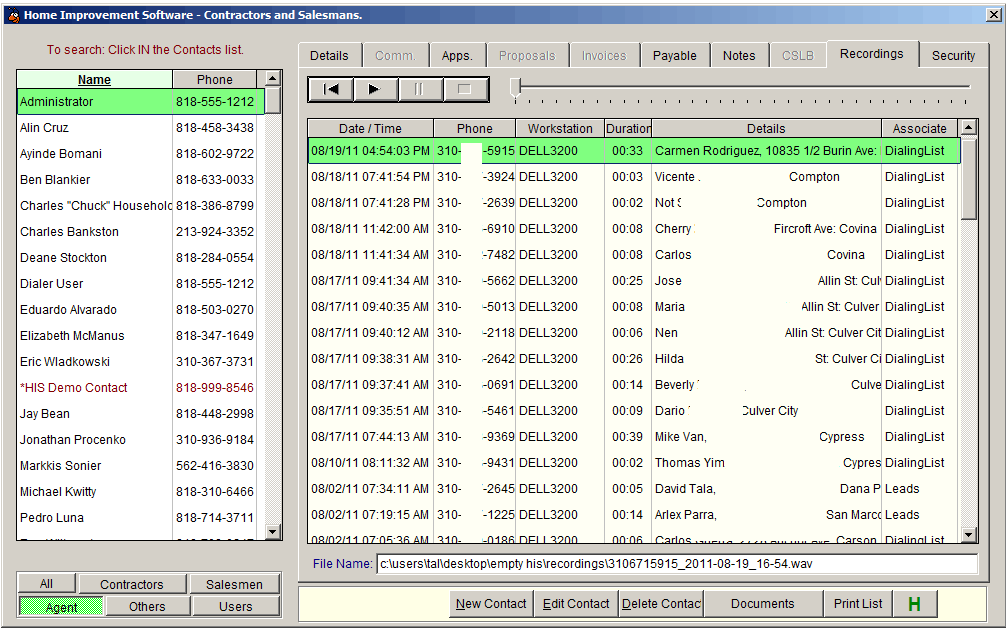 Home Improvement Software Contact Manager Recordings