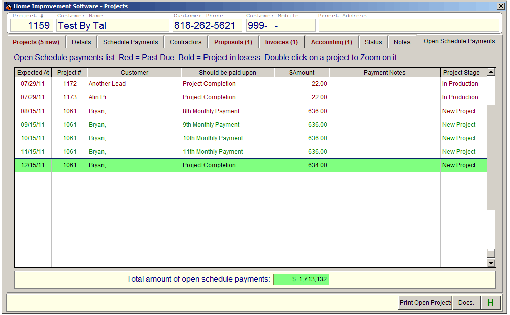 Home Improvement Software Project Schedule Payments List